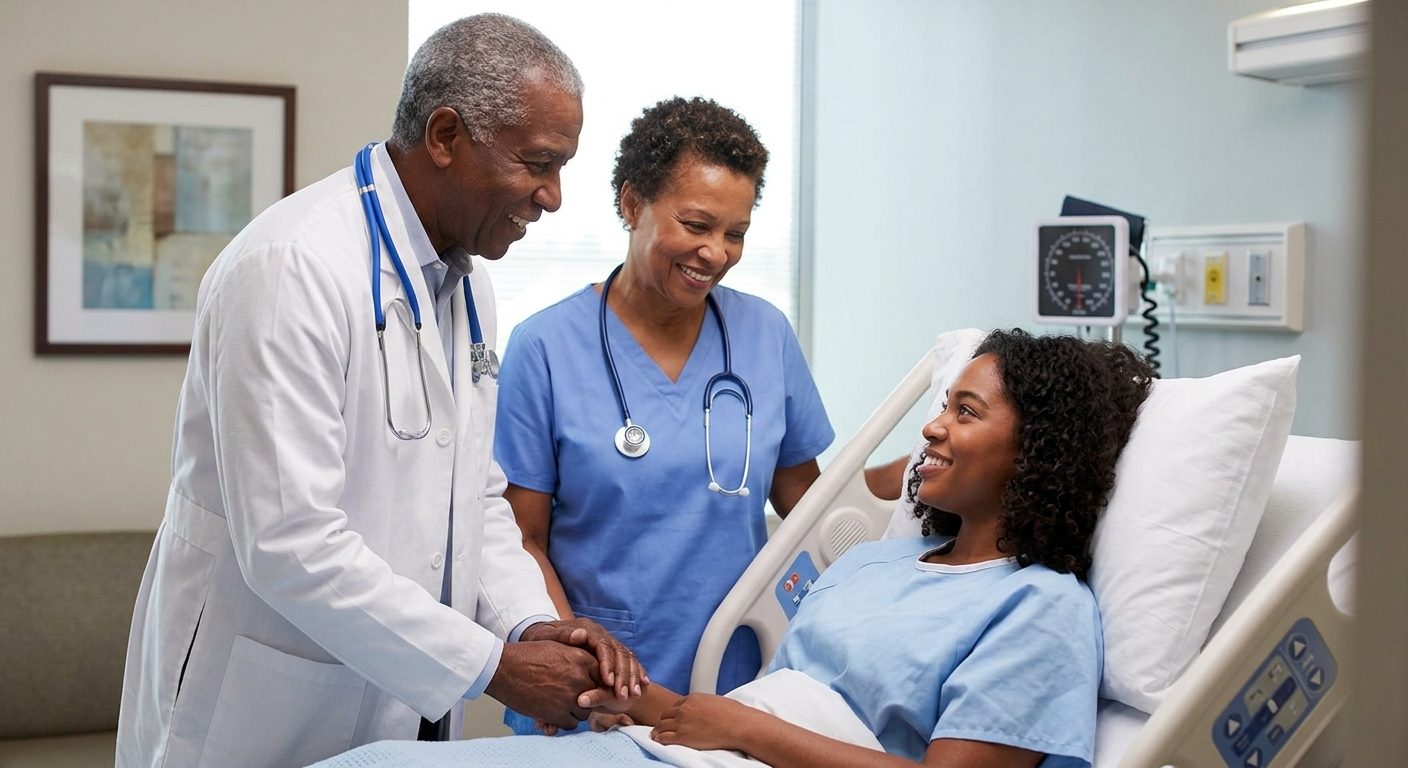 A doctor in a white coat holds the hand of a patient resting in a hospital bed while a nurse in blue scrubs looks on