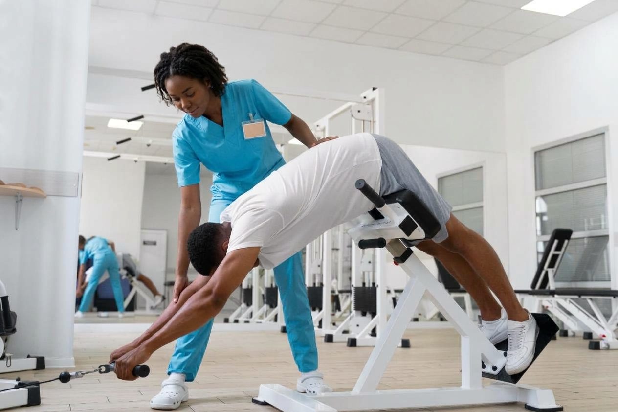 A physiotherapist in blue scrubs stands beside a patient lying face-down on a rehabilitation bench, guiding his back extension exercise as he reaches for a cable handle