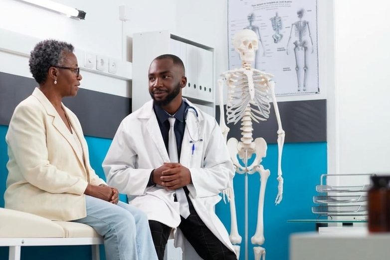 A doctor in a white coat and stethoscope consults a seated patient beside an anatomical skeleton model and a human skeleton wall chart