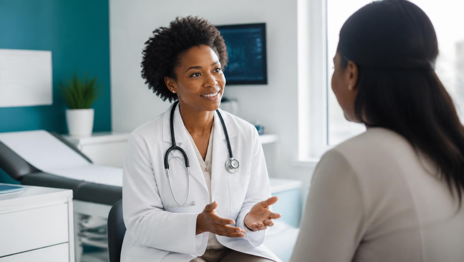 A doctor warmly consulting with a patient in a modern clinic room